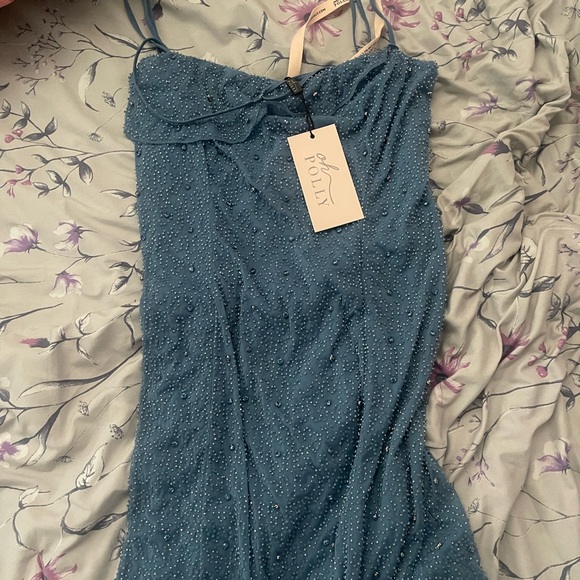 embellished asymmetric maxi dress in smokey blue Samira Maxi Dress